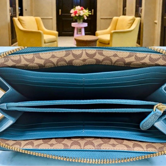 COACH Logo Teal Accordion Zip Long Wallet w/ Front Pocket - Picture 3 of 6